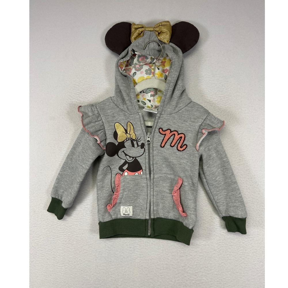Disneycore Minnie Mouse Toddler 2T Gray Zip Up Hoodie 3D Ears Glitter Bow Ruffle
